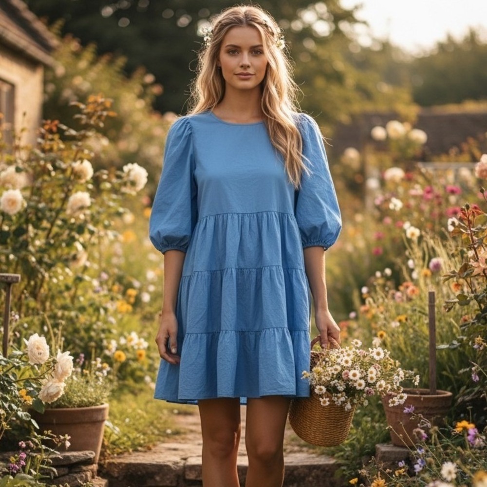 Anonyme Designers Blue Tiered Babydoll Dress Puff Sleeve Cottagecore Prairie S‎